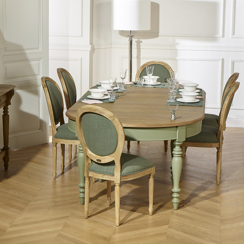 JADE - Mesa extensible estilo shabby chic, tablero de roble, 16 comensales