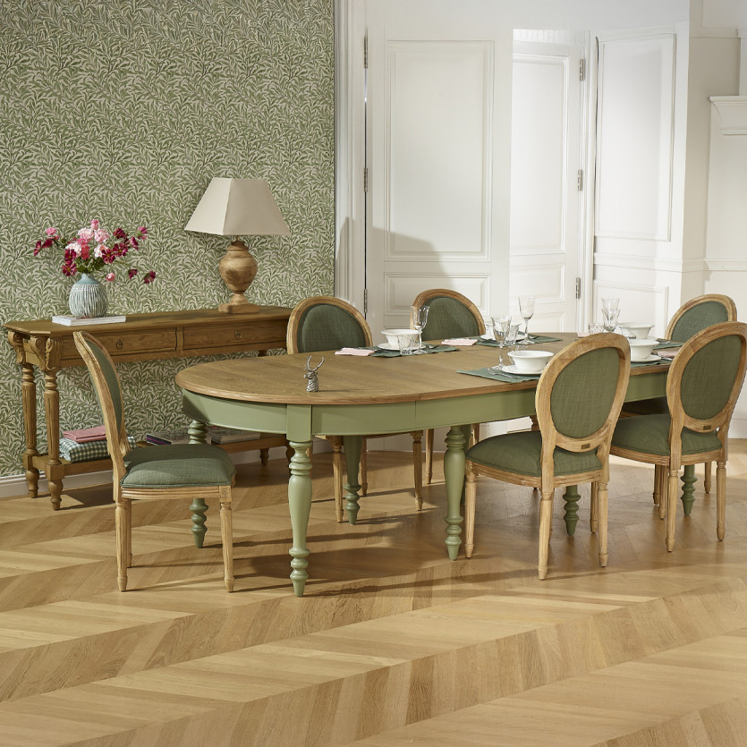 Table à manger extensible JADE – Style shabby chic, plateau en chêne, pieds verts 6/14 couverts