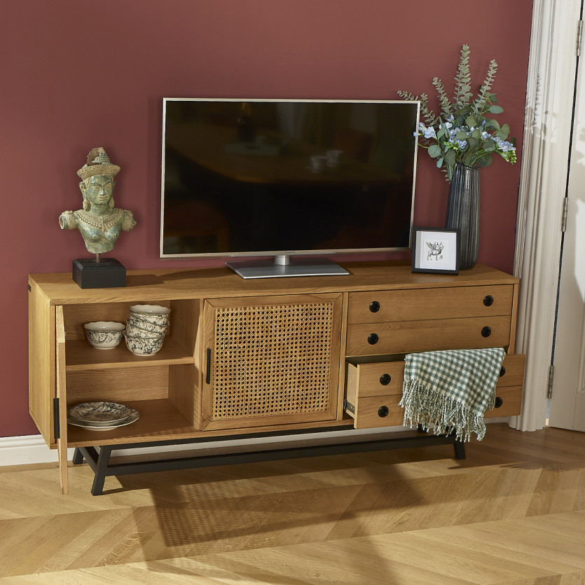 LALALA - Buffet bas en chêne, cannage, métal, 2 tiroirs, 2 portes, 170 cm
