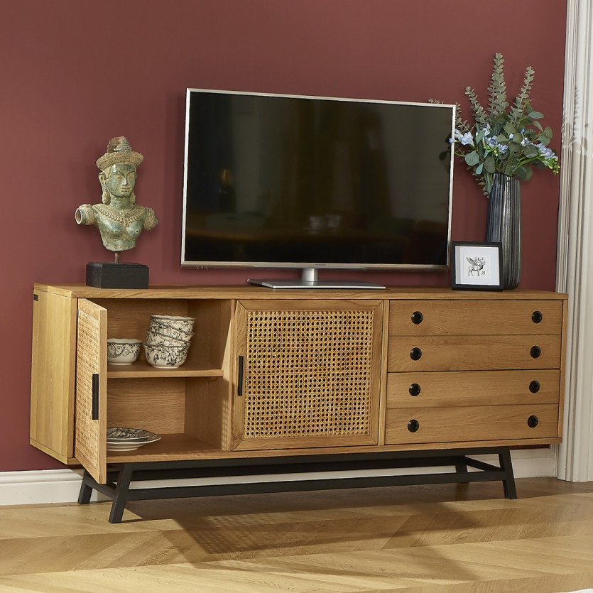 LALALA - Buffet bas en chêne, cannage, métal, 2 tiroirs, 2 portes, 170 cm