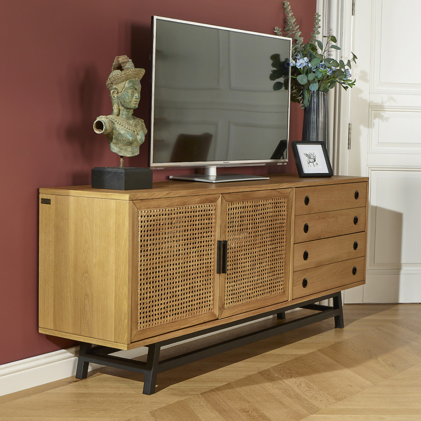 LALALA - Buffet bas en chêne, cannage, métal, 2 tiroirs, 2 portes, 170 cm