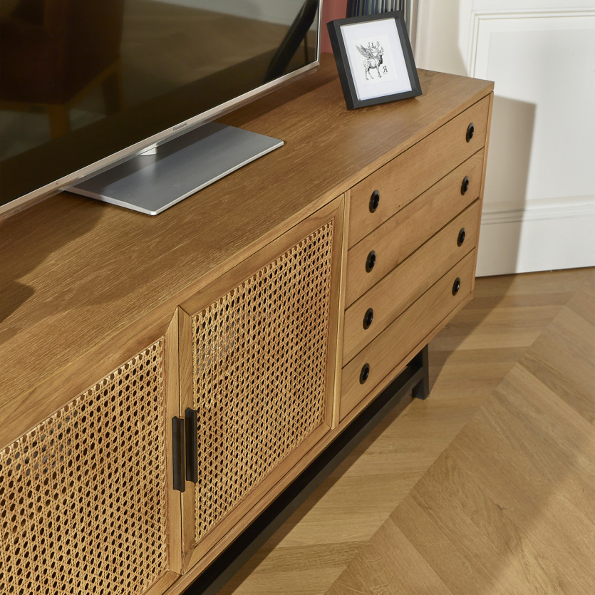 LALALA - Buffet bas en chêne, cannage, métal, 2 tiroirs, 2 portes, 170 cm