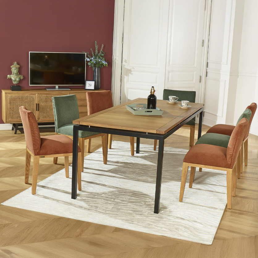 Table à manger AIMIE - Style industriel avec plateau en chêne et pieds métal, 8 couverts, bois certifié FSC®
