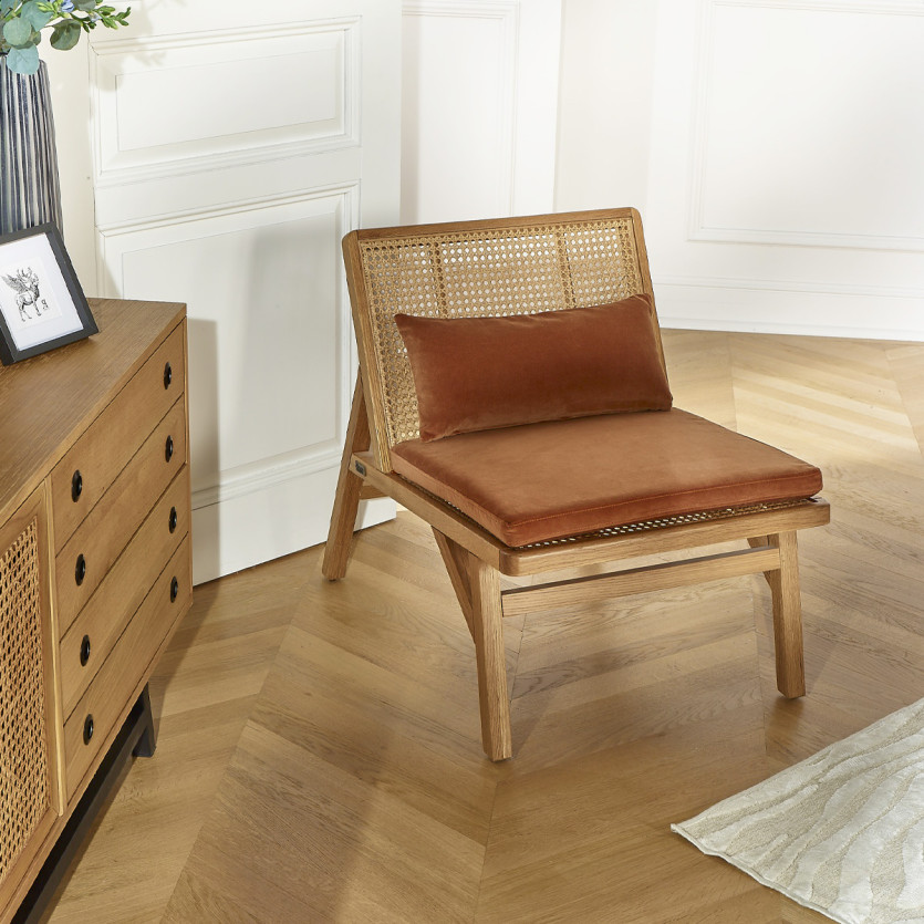 Fauteuil LALALA - Style scandinave en chêne, cannage et velours, 1 place