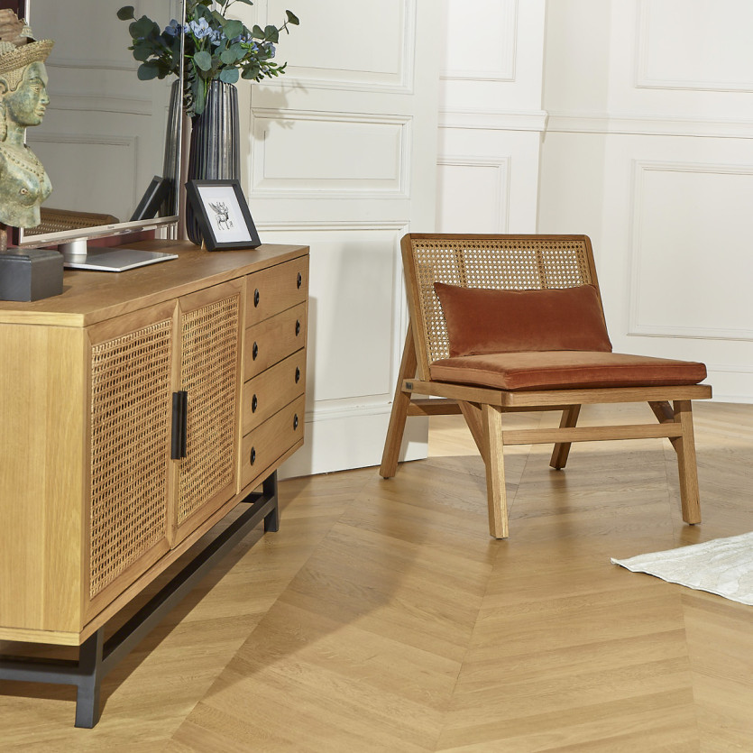 Fauteuil LALALA - Style scandinave en chêne, cannage et velours, 1 place