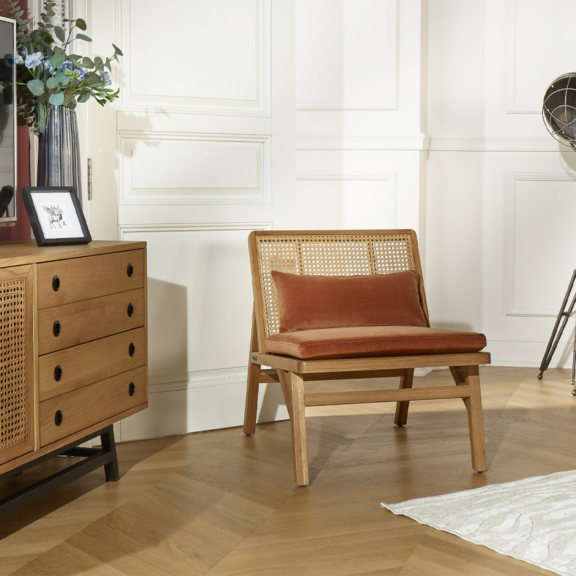 Fauteuil LALALA - Style scandinave en chêne, cannage et velours, 1 place