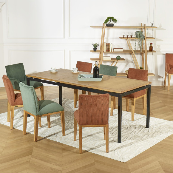 Fauteuil de table LOLITA - Style industriel en chêne massif et velours côtelé, 1 place