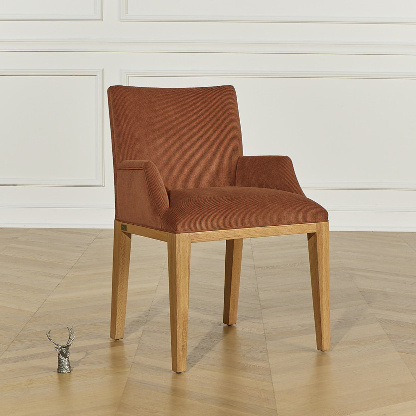 Fauteuil de table LOLITA - Style industriel en chêne massif et velours côtelé, 1 place