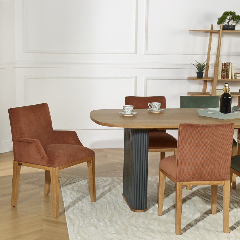 Fauteuil de table LOLITA - Style industriel en chêne massif et velours côtelé, 1 place