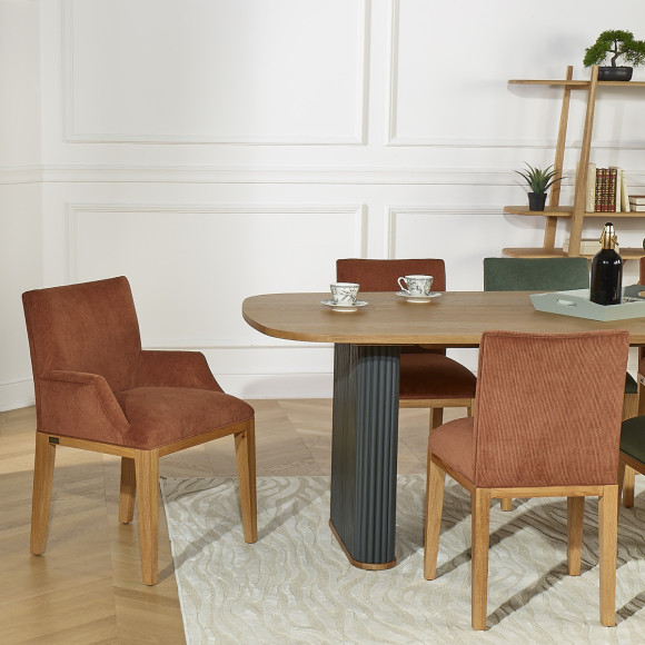 Fauteuil de table LOLITA - Style industriel en chêne massif et velours côtelé, 1 place