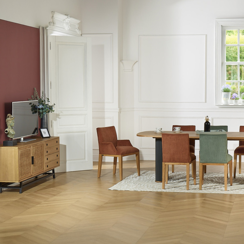Fauteuil de table LOLITA - Style industriel en chêne massif et velours côtelé, 1 place