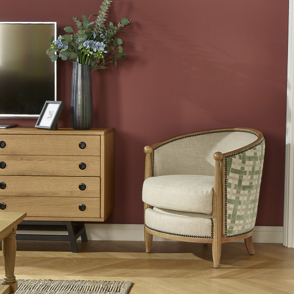 CAROLE GREENY Fassstuhl - Vintage-Stil aus Eiche, Leinen und geflochtenem Stoffmuster, 1 Sitzplatz