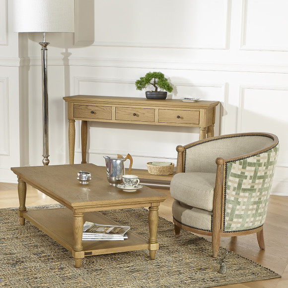 Fauteuil tonneau CAROLE GREENY - Style vintage en chêne, lin et tissu motif tressé, 1 place