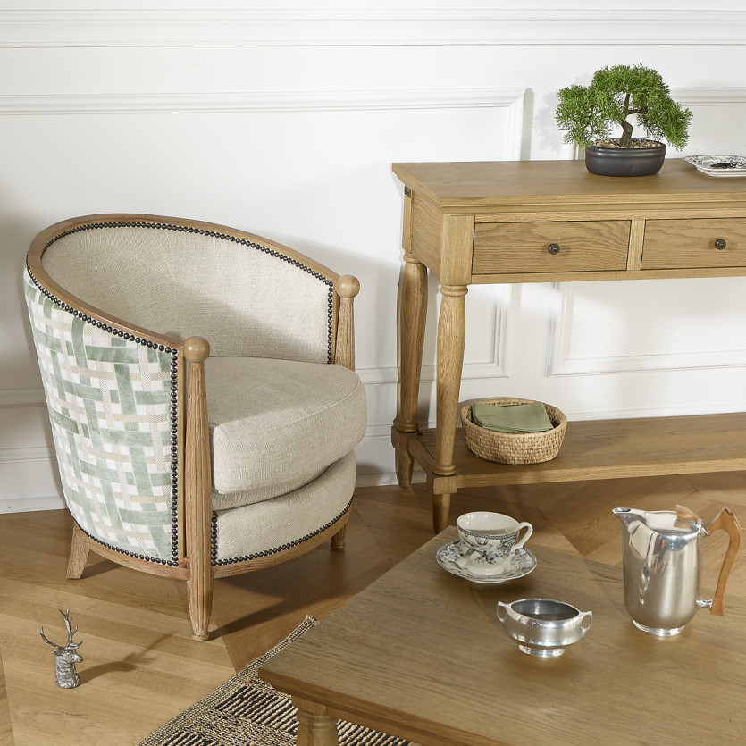 Fauteuil tonneau CAROLE GREENY - Style vintage en chêne, lin et tissu motif tressé, 1 place