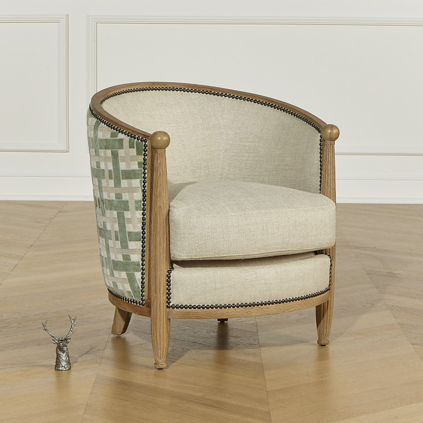 Fauteuil tonneau CAROLE GREENY - Style vintage en chêne, lin et tissu motif tressé, 1 place