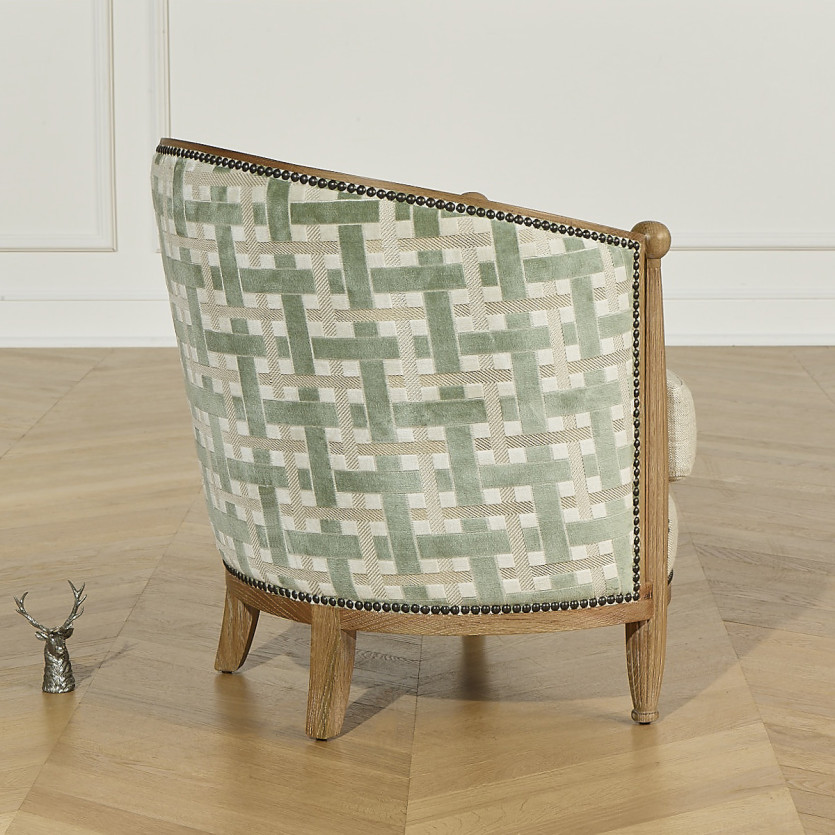 Fauteuil tonneau CAROLE GREENY - Style vintage en chêne, lin et tissu motif tressé, 1 place