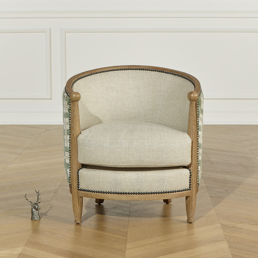 Fauteuil tonneau CAROLE GREENY - Style vintage en chêne, lin et tissu motif tressé, 1 place