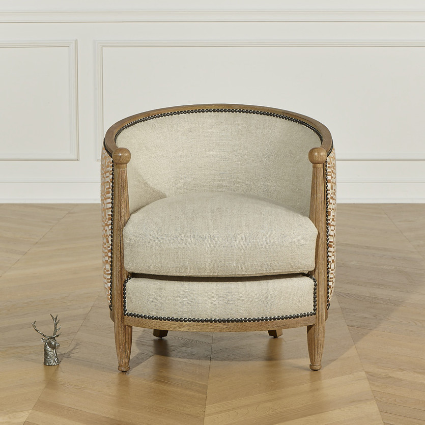 Fauteuil tonneau CAROLE COGNAC - Style vintage en chêne, lin et tissu géométrique, 1 place