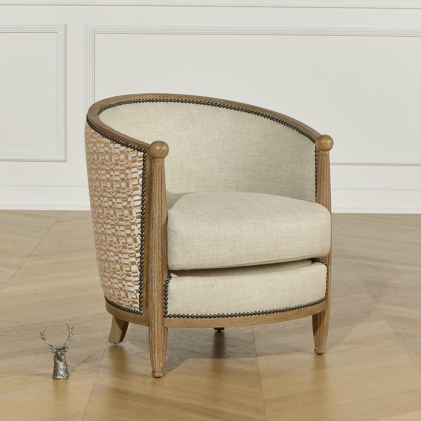 Fauteuil tonneau CAROLE COGNAC - Style vintage en chêne, lin et tissu géométrique, 1 place