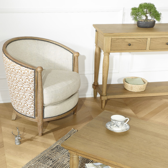 Fauteuil tonneau CAROLE COGNAC - Style vintage en chêne, lin et tissu géométrique, 1 place