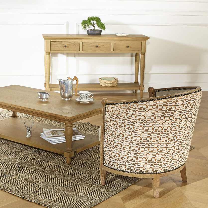 Fauteuil tonneau CAROLE COGNAC - Style vintage en chêne, lin et tissu géométrique, 1 place