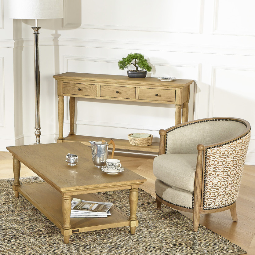 Fauteuil tonneau CAROLE COGNAC - Style vintage en chêne, lin et tissu géométrique, 1 place