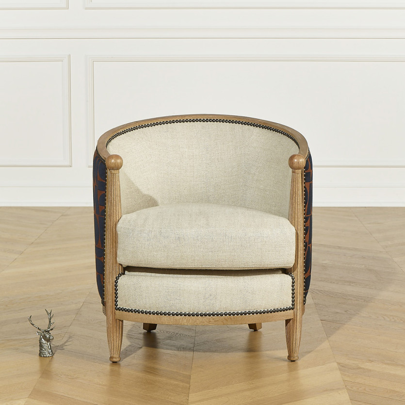 Fauteuil tonneau CAROLE FJORD -  Style vintage en chêne, lin et tissu graphique, 1 place