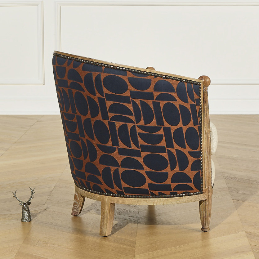 Fauteuil tonneau CAROLE FJORD -  Style vintage en chêne, lin et tissu graphique, 1 place