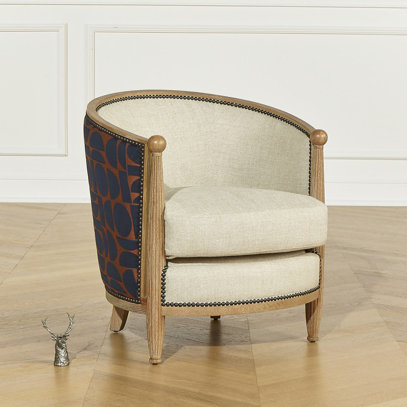 Fauteuil tonneau CAROLE FJORD -  Style vintage en chêne, lin et tissu graphique, 1 place