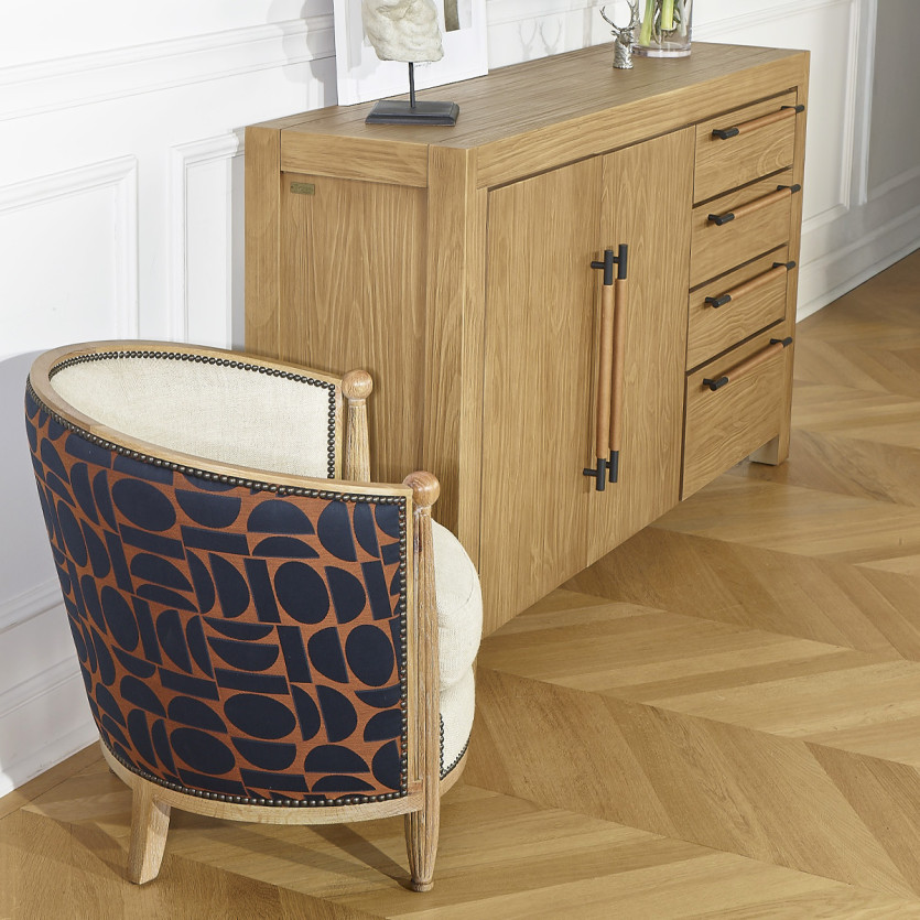 Fauteuil tonneau CAROLE FJORD -  Style vintage en chêne, lin et tissu graphique, 1 place