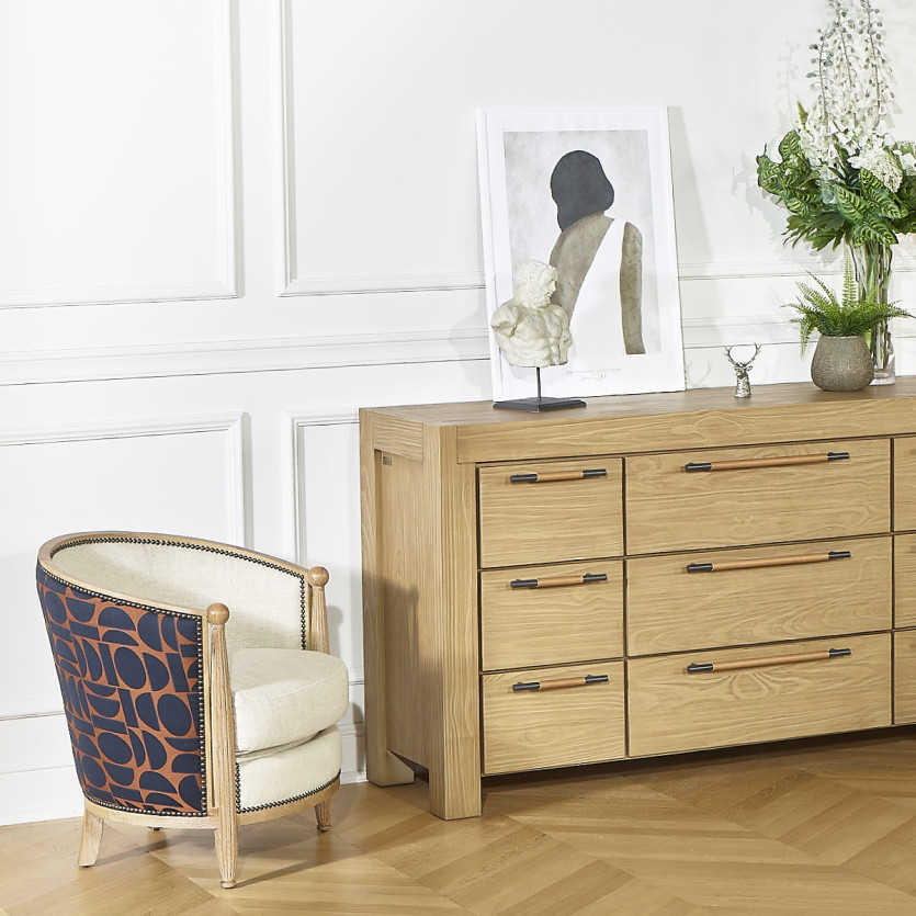 Fauteuil tonneau CAROLE FJORD -  Style vintage en chêne, lin et tissu graphique, 1 place