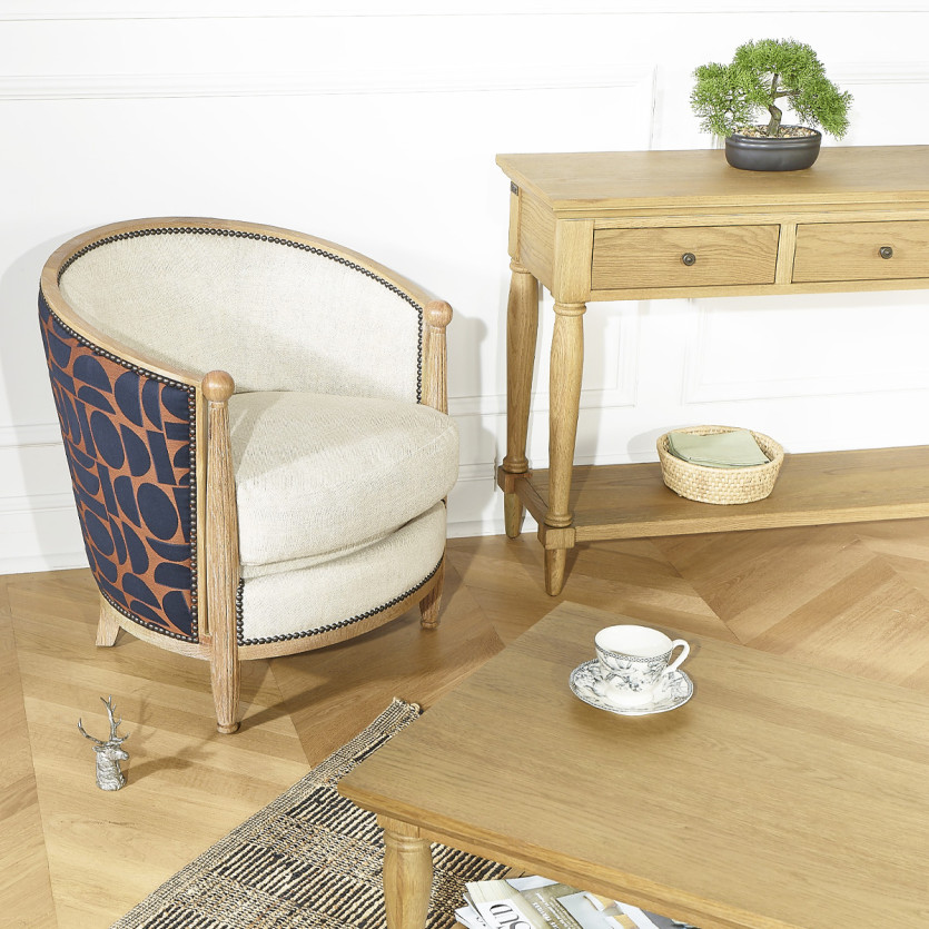 Fauteuil tonneau CAROLE FJORD -  Style vintage en chêne, lin et tissu graphique, 1 place