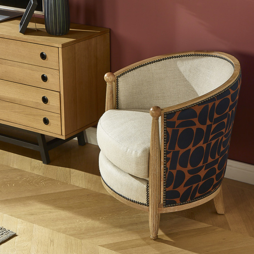 Fauteuil tonneau CAROLE FJORD -  Style vintage en chêne, lin et tissu graphique, 1 place