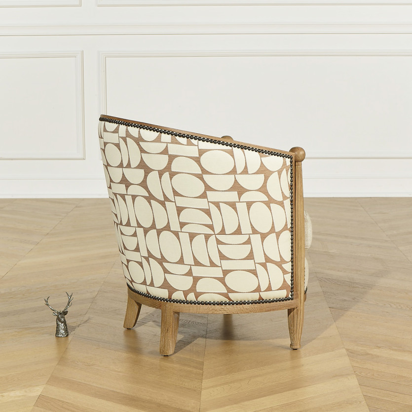 Fauteuil tonneau CAROLE NORTH - Style vintage en chêne, lin et tissu gaphique, 1 place