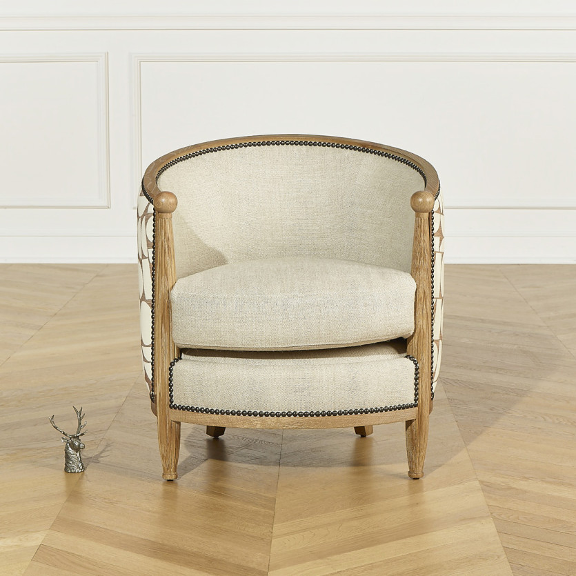Fauteuil tonneau CAROLE NORTH - Style vintage en chêne, lin et tissu gaphique, 1 place