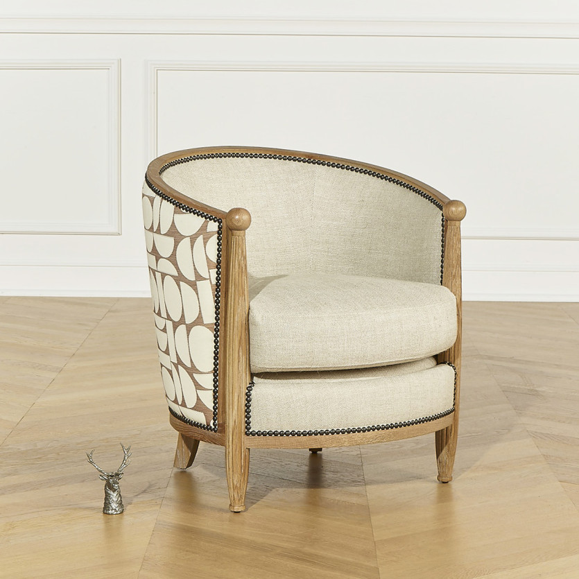 Fauteuil tonneau CAROLE NORTH - Style vintage en chêne, lin et tissu gaphique, 1 place