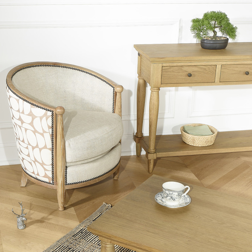 Fauteuil tonneau CAROLE NORTH - Style vintage en chêne, lin et tissu gaphique, 1 place