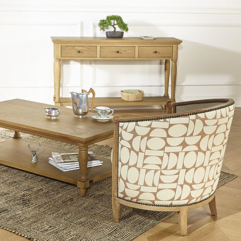 Fauteuil tonneau CAROLE NORTH - Style vintage en chêne, lin et tissu gaphique, 1 place