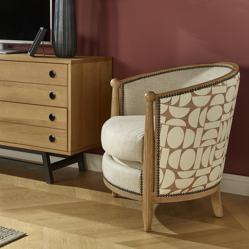 Fauteuil tonneau CAROLE NORTH - Style vintage en chêne, lin et tissu gaphique, 1 place