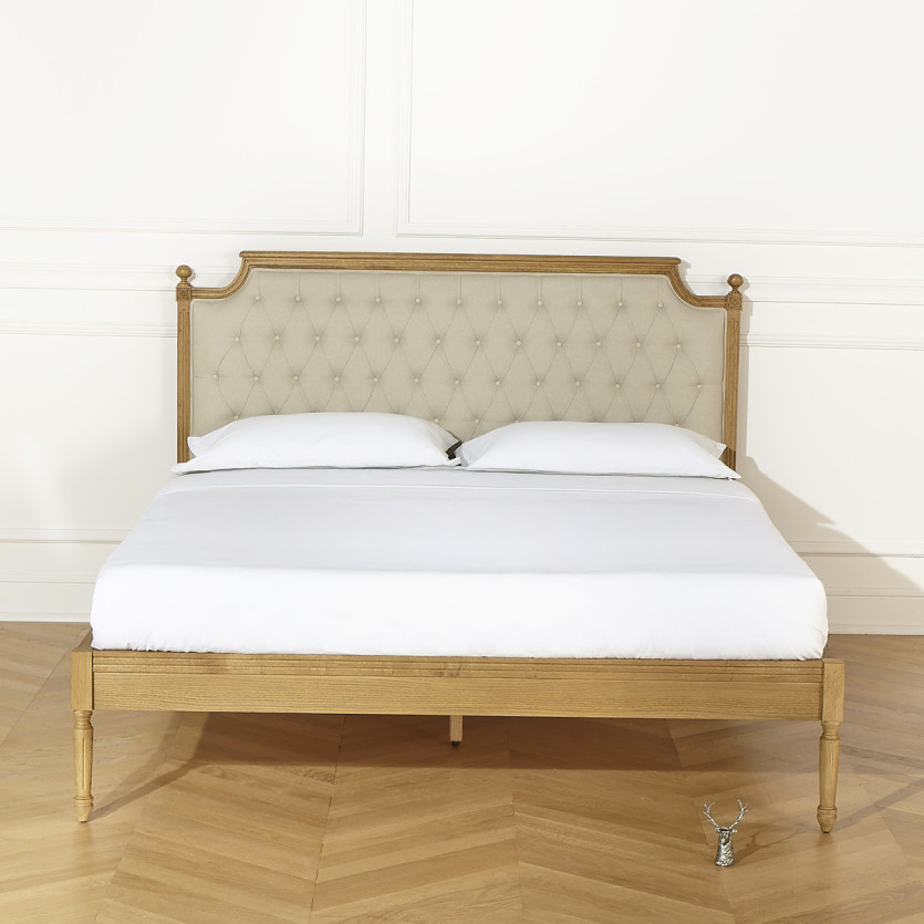 Lit deux places JAMES - Style romantique en chêne et lin coton 160 x 200