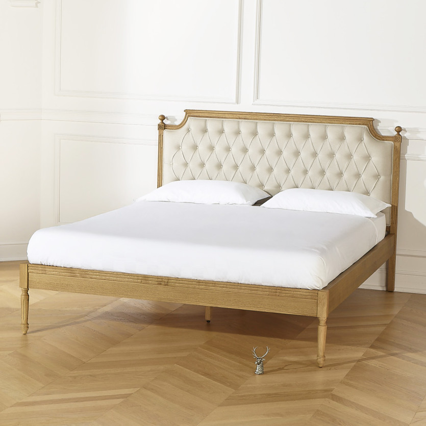 Cama de casal JAMES - Estilo romântico em carvalho e linho de algodão 160 x 200