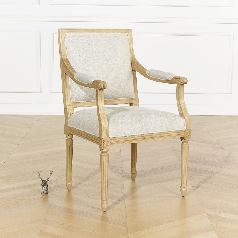 Fauteuil de table ASTRID - Style classique en bois massif et lin premium, 1 place