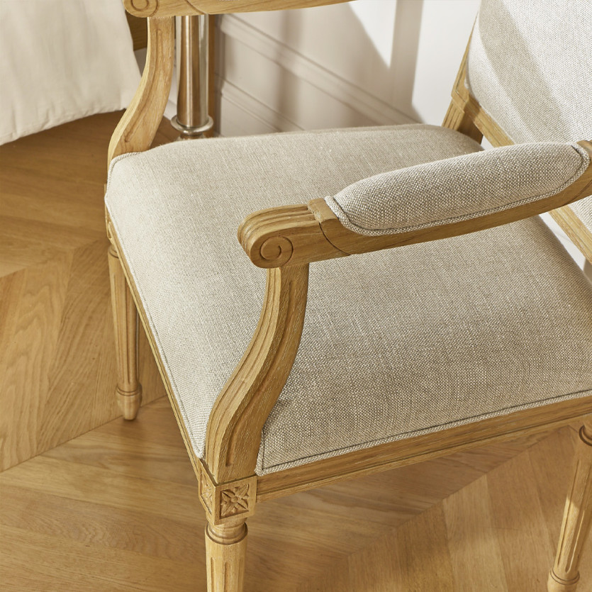 Fauteuil de table ASTRID - Style classique en bois massif et lin premium, 1 place