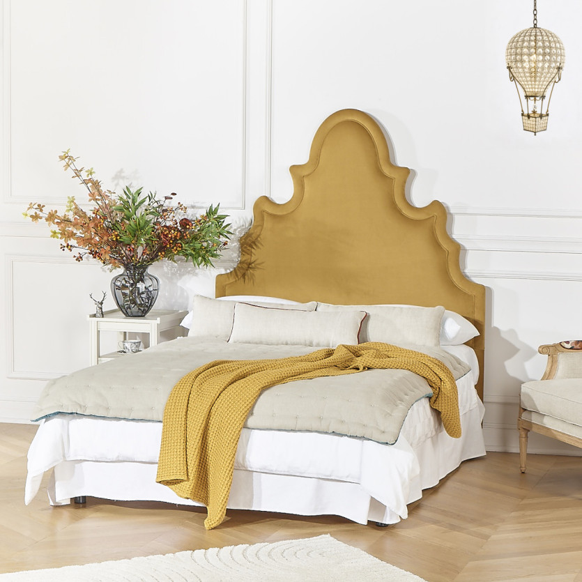 Tête de lit FOLIE - Style romantique en velours et pin massif, 140 cm, bois certifié FSC®