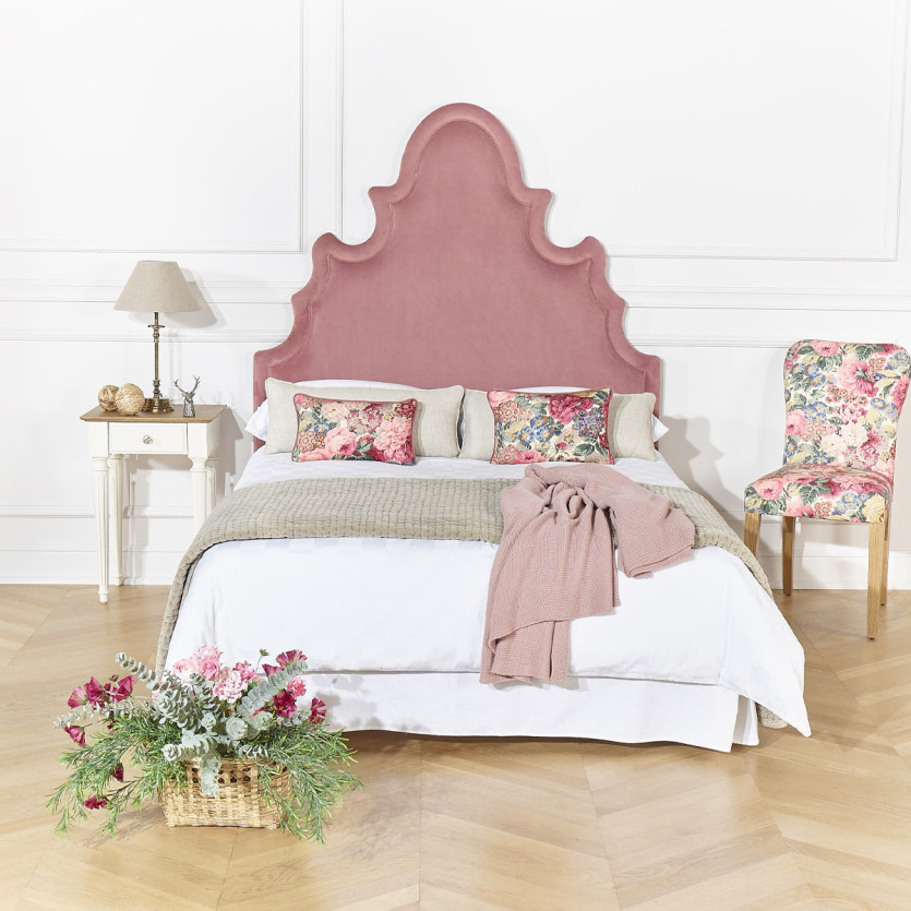Tête de lit FOLIE - Style romantique en velours et pin massif, 140 cm, bois certifié FSC®