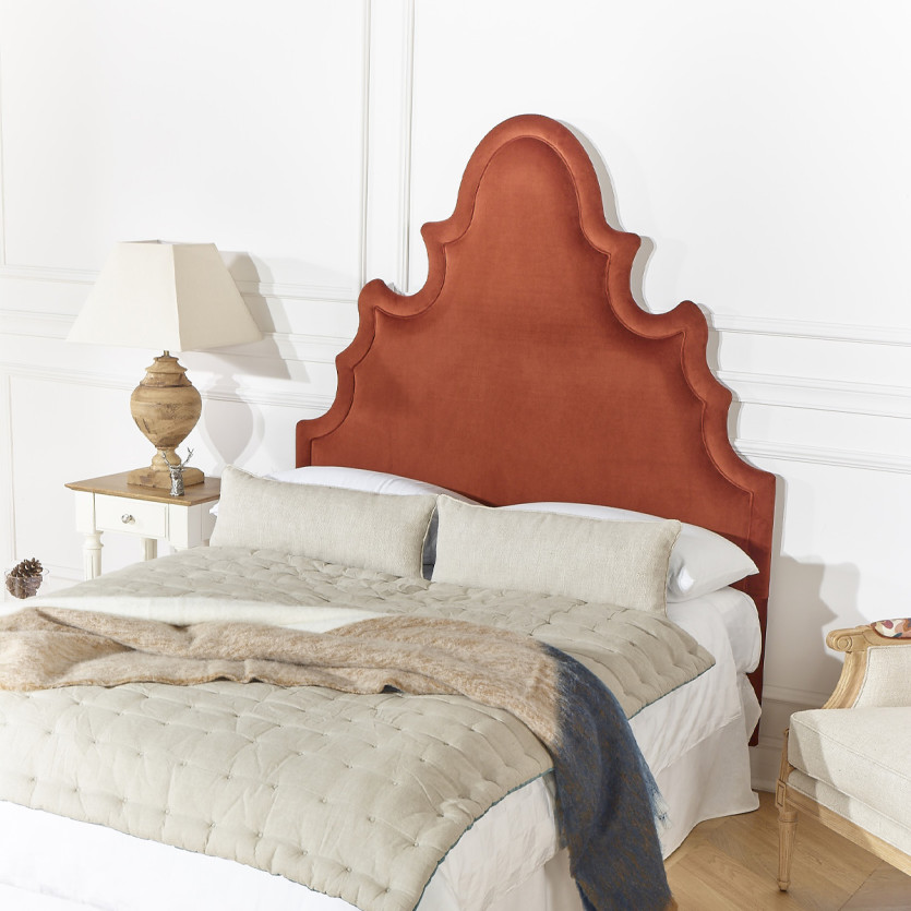 Tête de lit FOLIE - Style romantique en velours et pin massif, 140 cm, bois certifié FSC®