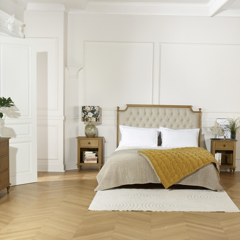 Tête de lit VENICE - Style shabby chic en chêne et lin coton, 160 cm, bois certifié FSC®