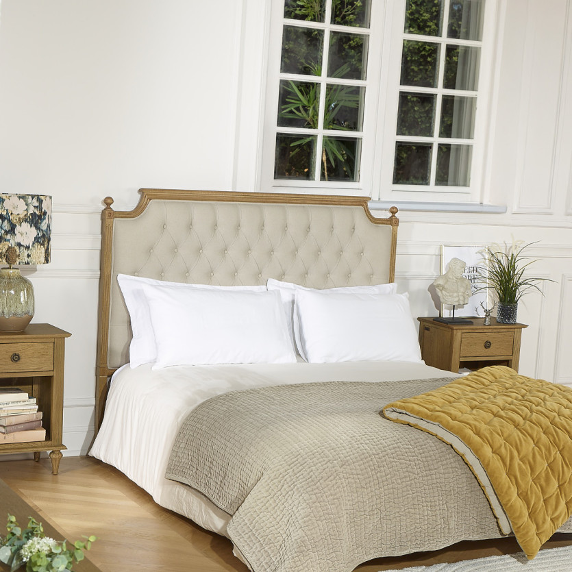 Tête de lit VENICE - Style shabby chic en chêne et lin coton, 160 cm, bois certifié FSC®