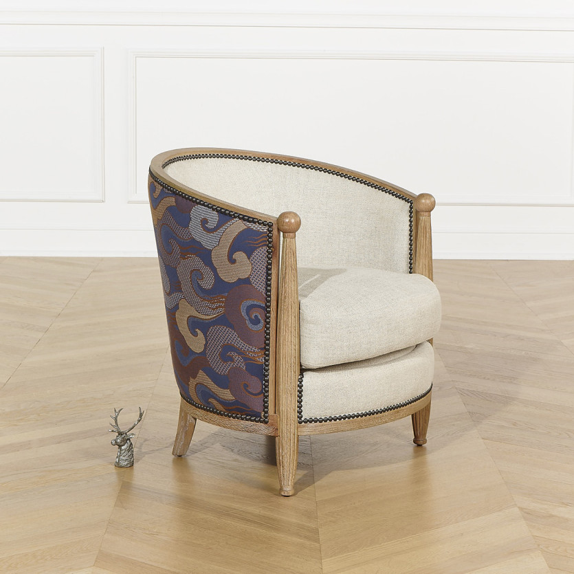 CAROLE WAVES BARREL ARMCHAIR – Haussmann-style in oak and jacquard fabric, 1 seat