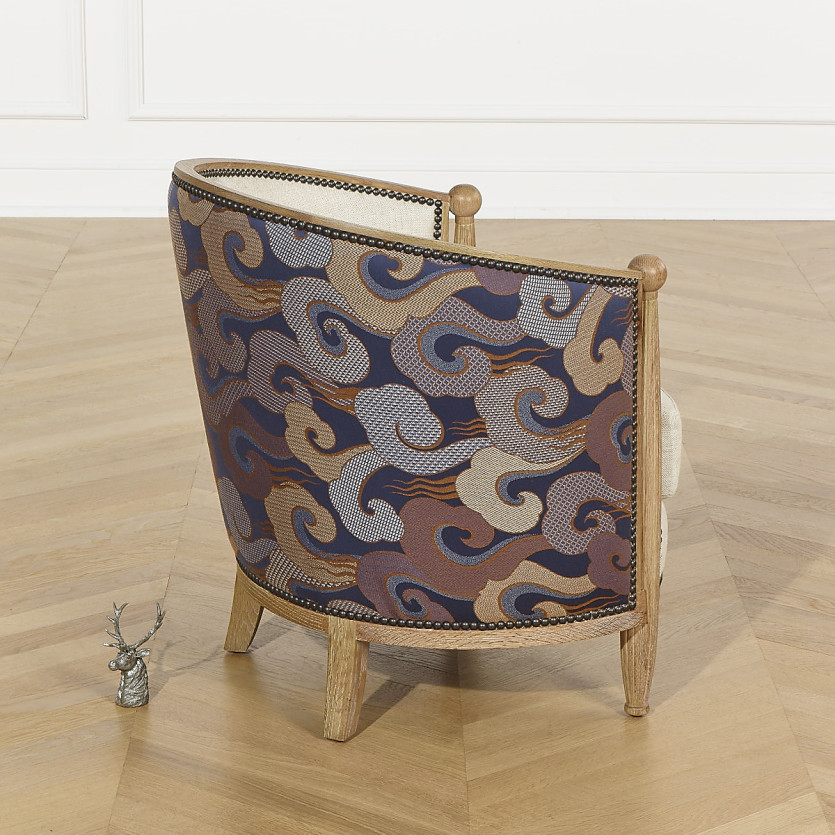 CAROLE WAVES BARREL ARMCHAIR – Haussmann-style in oak and jacquard fabric, 1 seat